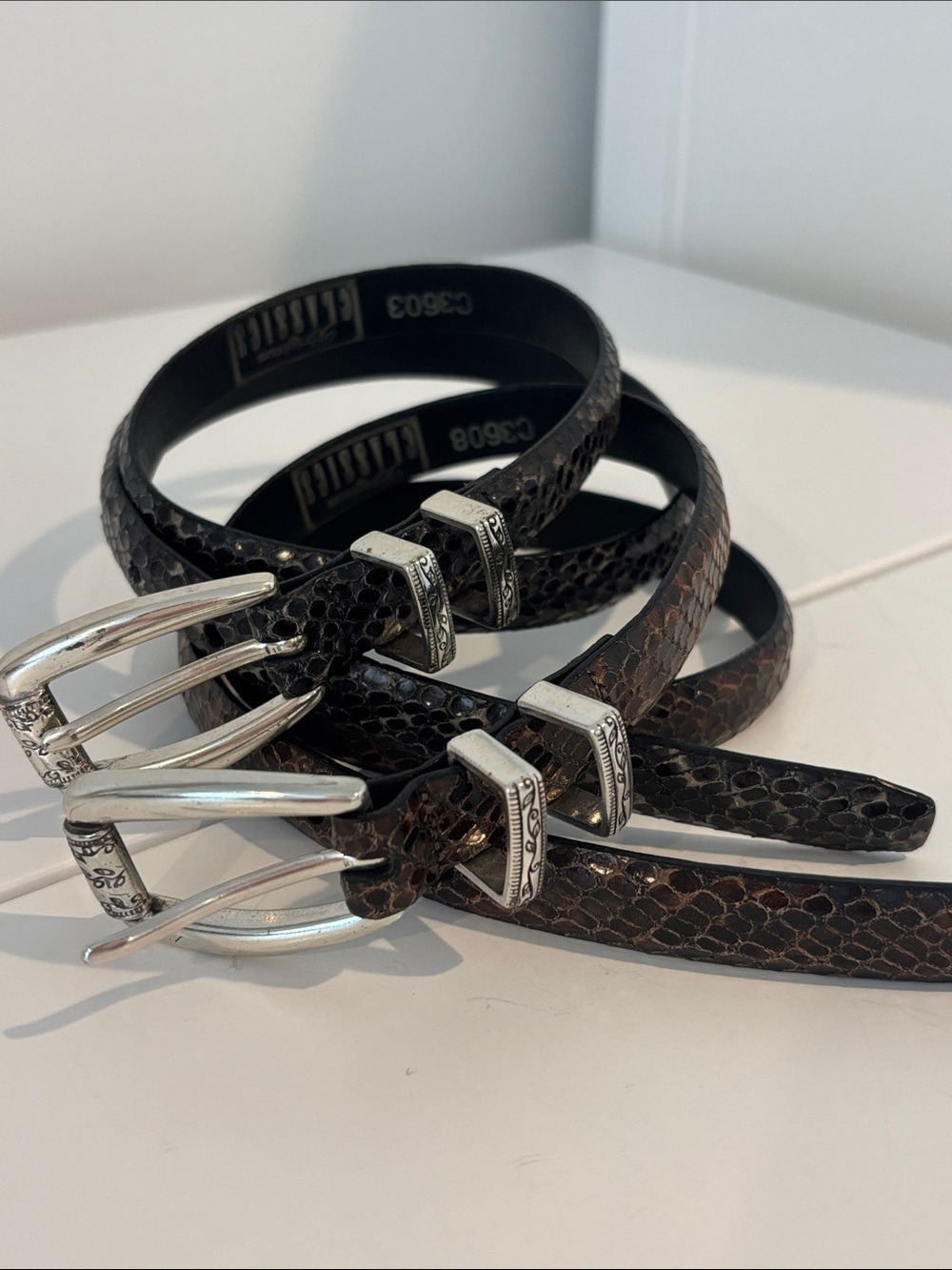 BRIGHTON Classics belts SET OF TWO snakeskin look & silver tone metal grey brown